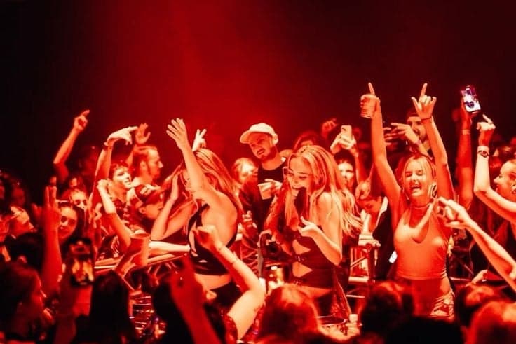 Party crowd dancing with raised arms under red stage lights at a Paris nightclub by SabShots
