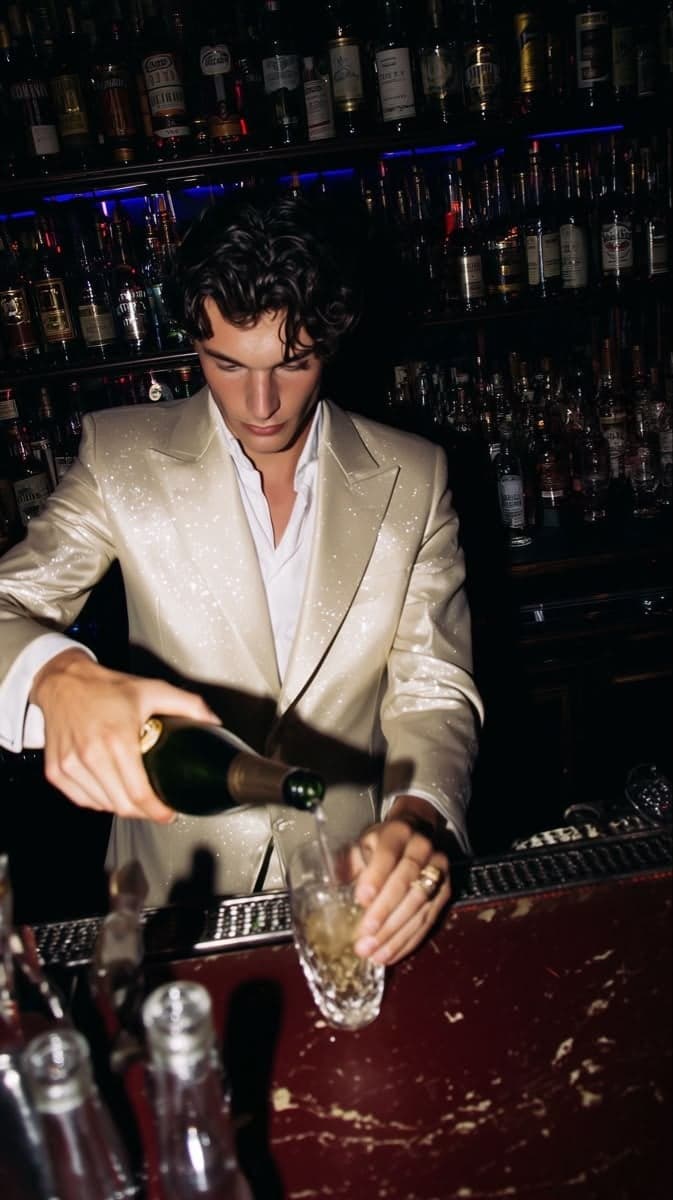 Man in sparkling cream suit pouring champagne at a bottle-lined Paris nightclub bar by SabShots